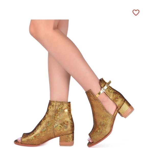 RJS Peep Open Toe Sandals Boot Cut Out Ankle Bootie Gold Sequins 10.5 EUC - Picture 6 of 10